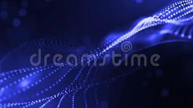 动态抽象背景的发光粒子与闪亮的波克火花。 深蓝色成分，振荡